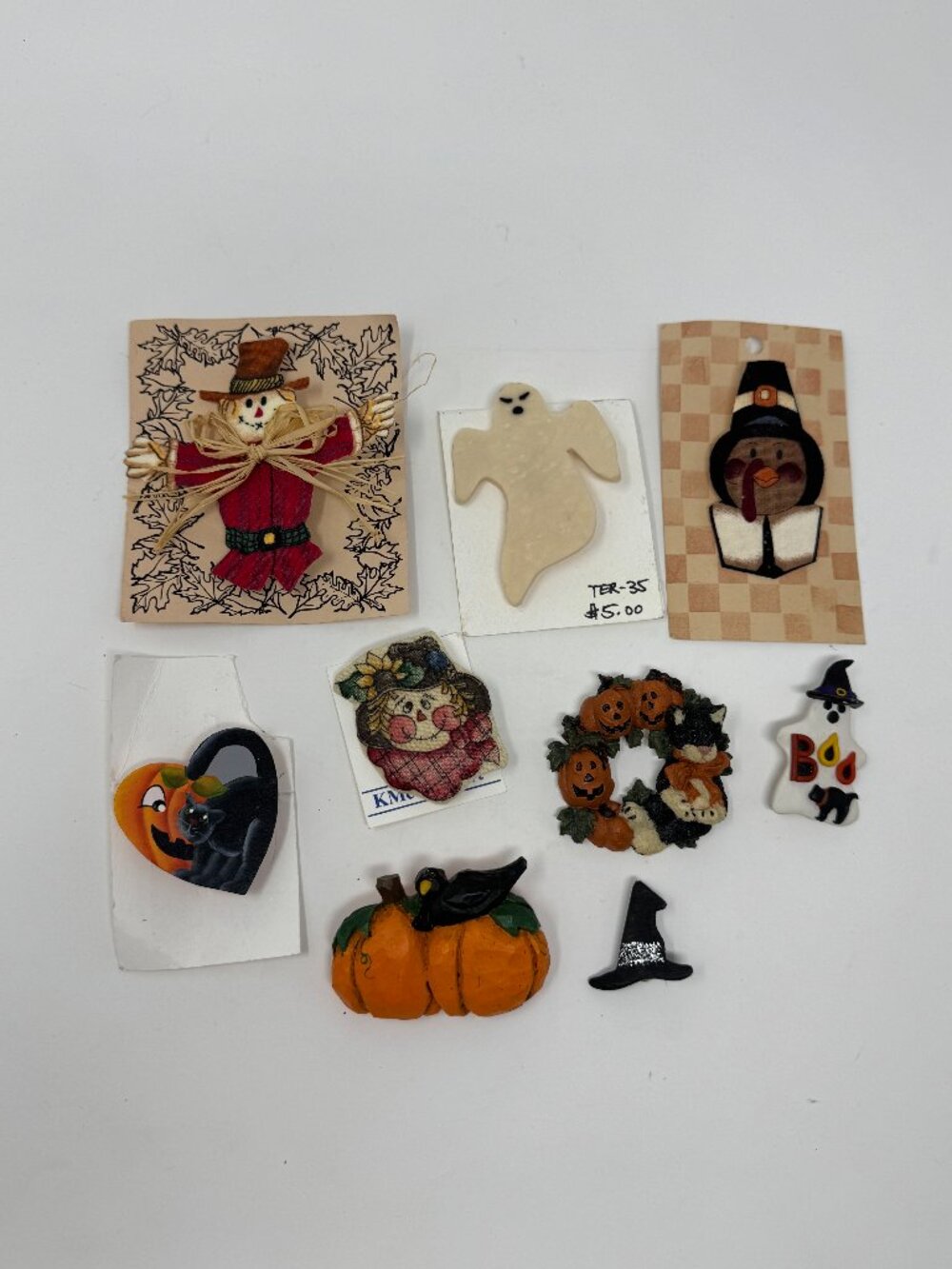 Lot 9 Vintage Halloween Fall Brooch Pins Hallmark 1982 Cat Ghost Scarecrow